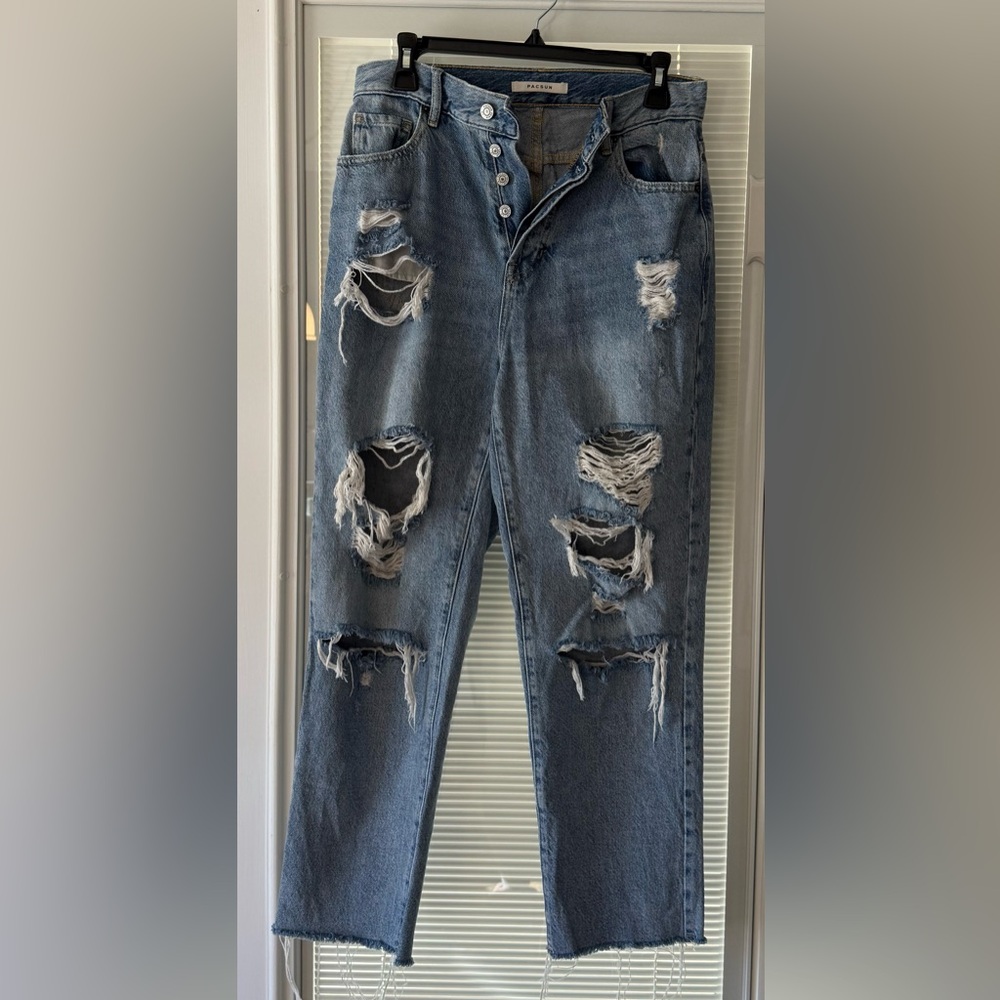 PACSUN High Rise Straight Jeans Size 28 Button Fly Distressed
